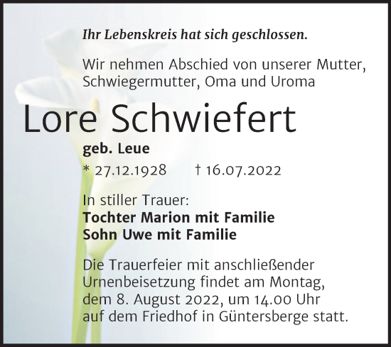 Traueranzeige von Lore Schwiefert von Trauerkombi Quedlinburg