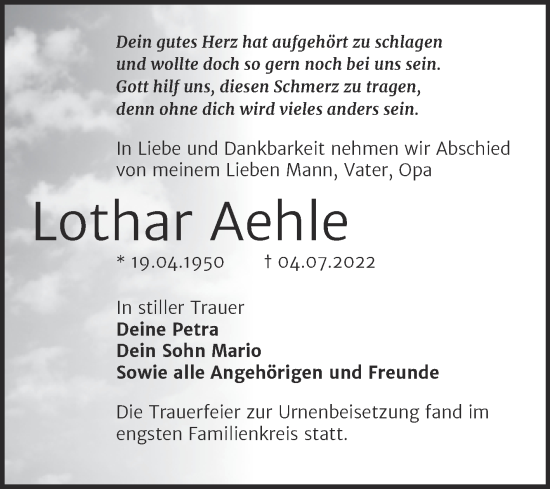 Traueranzeige von Lothar Aehle von Trauerkombi Mansfelder Land