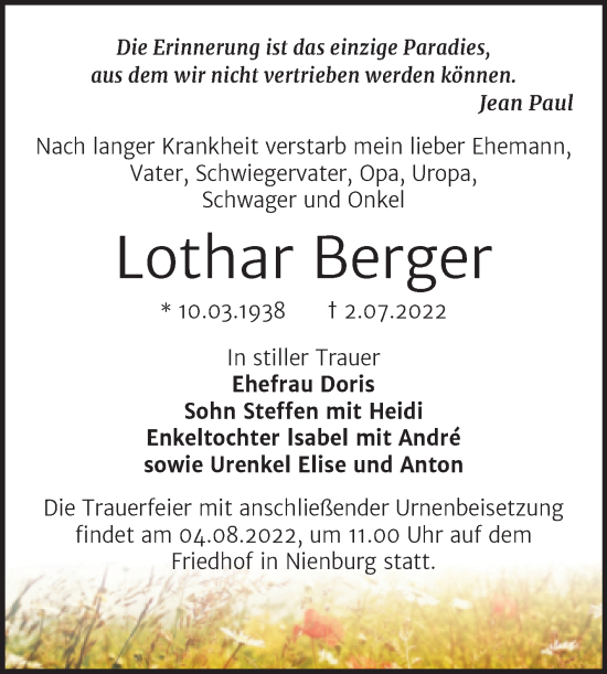 Traueranzeige von Lothar Berger von Trauerkombi Bernburg