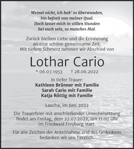 Traueranzeige von Lothar Cario von Wochenspiegel Naumburg/Nebra