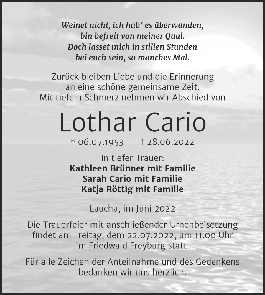  Traueranzeige für Lothar Cario vom 06.07.2022 aus Wochenspiegel Naumburg/Nebra