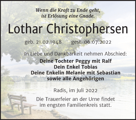 Traueranzeige von Lothar Christophersen von Trauerkombi Wittenberg
