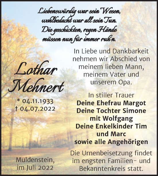 Traueranzeige von Lothar Mehnert von Trauerkombi Bitterfeld
