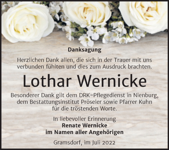 Traueranzeige von Lothar Wernicke von Trauerkombi Bernburg