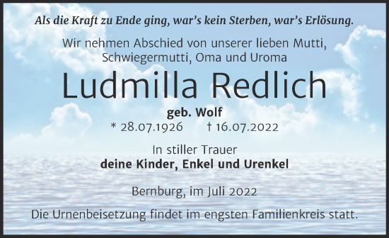 Traueranzeige von Ludmilla Redlich von Trauerkombi Bernburg