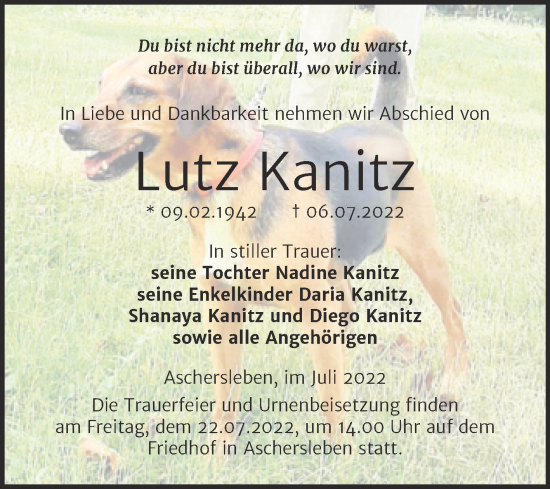 Traueranzeige von Lutz Kanitz von Trauerkombi Aschersleben