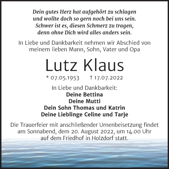 Traueranzeige von Lutz Klaus von Trauerkombi Wittenberg