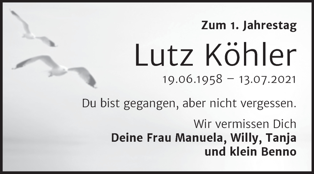  Traueranzeige für Lutz Köhler vom 13.07.2022 aus Trauerkombi Mansfelder Land