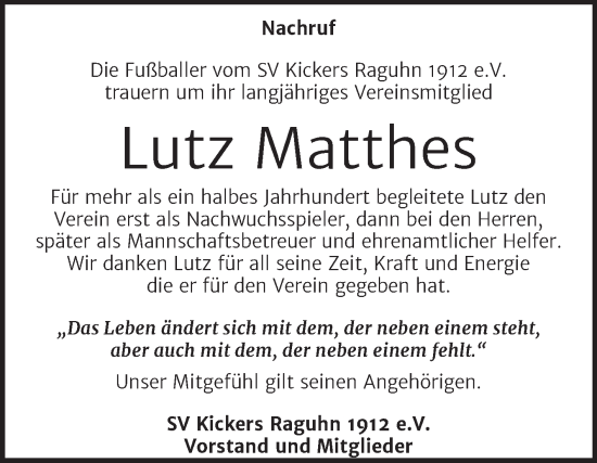 Traueranzeige von Lutz Matthes von Trauerkombi Bitterfeld
