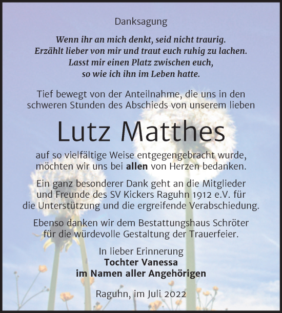 Traueranzeige von Lutz Matthes von Trauerkombi Bitterfeld