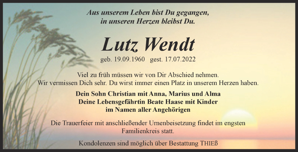  Traueranzeige für Lutz Wendt vom 30.07.2022 aus Trauerkombi Quedlinburg