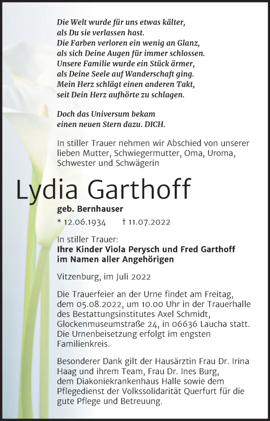Traueranzeige von Lydia Garthoff von Trauerkombi Merseburg