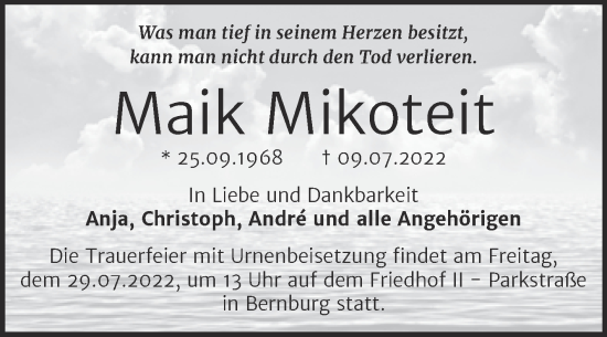 Traueranzeige von Maik Mikoteit von Trauerkombi Bernburg