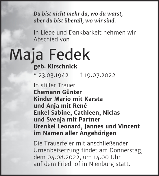 Traueranzeige von Maja Fedek von Trauerkombi Bernburg