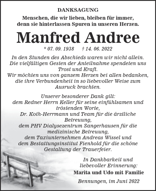 Traueranzeige von Manfred Andree von Trauerkombi Sangerhausen