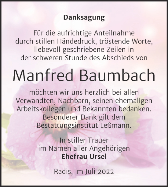 Traueranzeige von Manfred Baumbach von Trauerkombi Wittenberg
