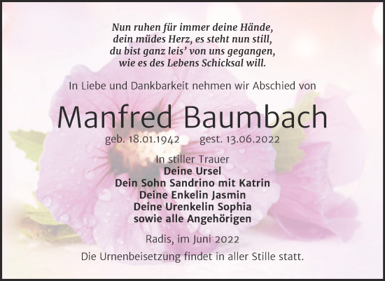 Traueranzeige von Manfred Baumbach von Trauerkombi Wittenberg