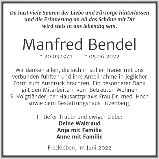 Traueranzeige von Manfred Bendel von Trauerkombi Aschersleben
