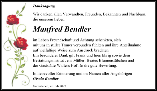 Traueranzeige von Manfred Bendler von Trauerkombi Aschersleben