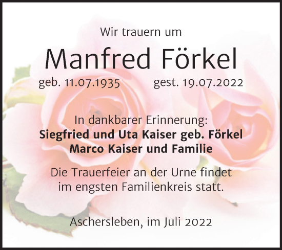 Traueranzeige von Manfred Förkel von Trauerkombi Aschersleben