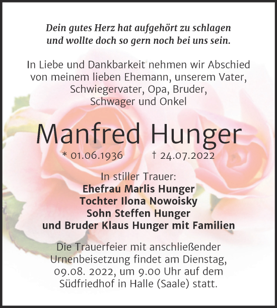 Traueranzeige von Manfred Hunger von Mitteldeutsche Zeitung Halle/Saalkreis