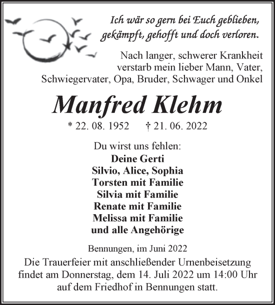 Traueranzeige von Manfred Klehm von Trauerkombi Sangerhausen