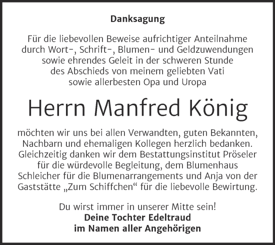 Traueranzeige von Manfred König von Trauerkombi Bernburg