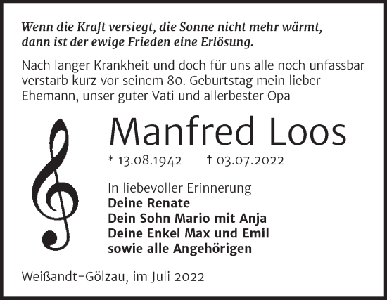 Traueranzeige von Manfred Loos von Trauerkombi Köthen