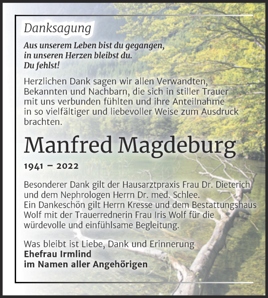 Traueranzeige von Manfred Magdeburg von Trauerkombi Weißenfels