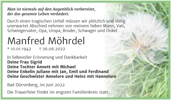 Traueranzeige von Manfred Möhrdel von Trauerkombi Merseburg