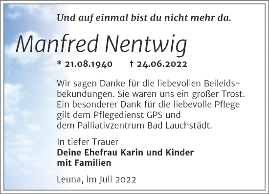 Traueranzeige von Manfred Nentwig von Trauerkombi Merseburg
