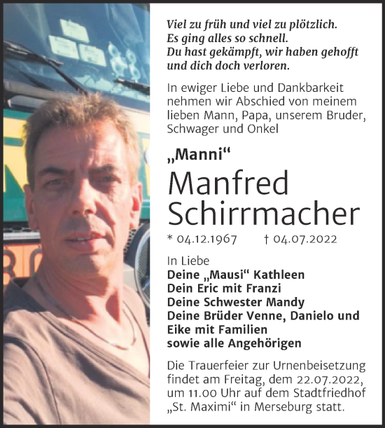 Traueranzeige von Manfred Schirrmacher von Trauerkombi Merseburg