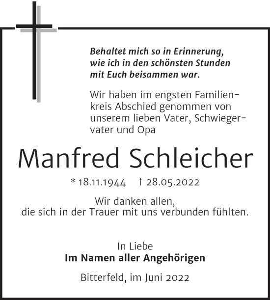 Traueranzeige von Manfred Schleicher von Trauerkombi Bitterfeld
