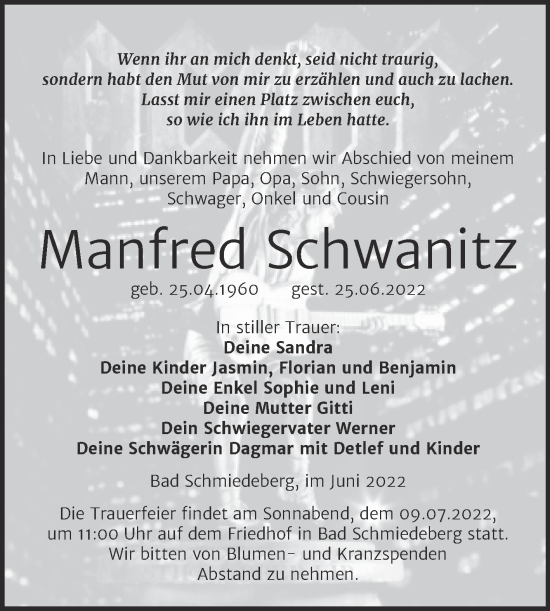 Traueranzeige von Manfred Schwanitz von Trauerkombi Wittenberg