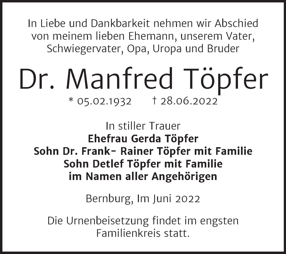  Traueranzeige für Manfred Töpfer vom 02.07.2022 aus Trauerkombi Bernburg