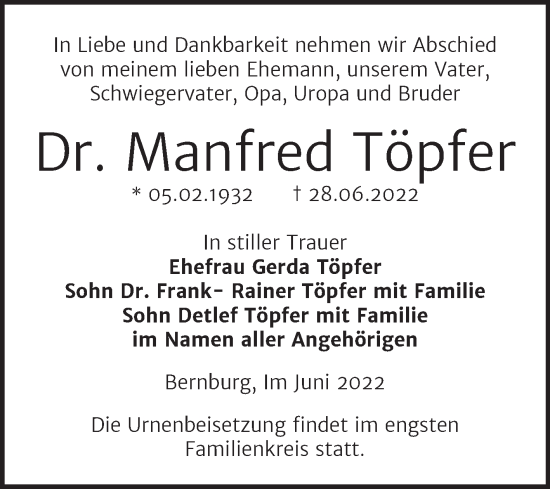 Traueranzeige von Manfred Töpfer von Trauerkombi Bernburg