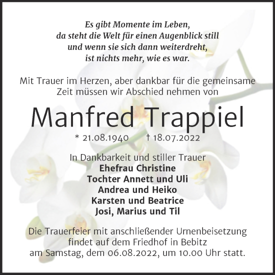 Traueranzeige von Manfred Trappiel von Trauerkombi Bernburg
