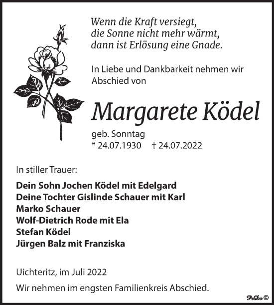 Traueranzeige von Margarete Ködel von Trauerkombi Weißenfels