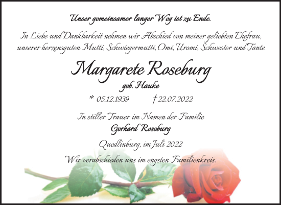 Traueranzeige von Margarete Roseburg von Trauerkombi Quedlinburg