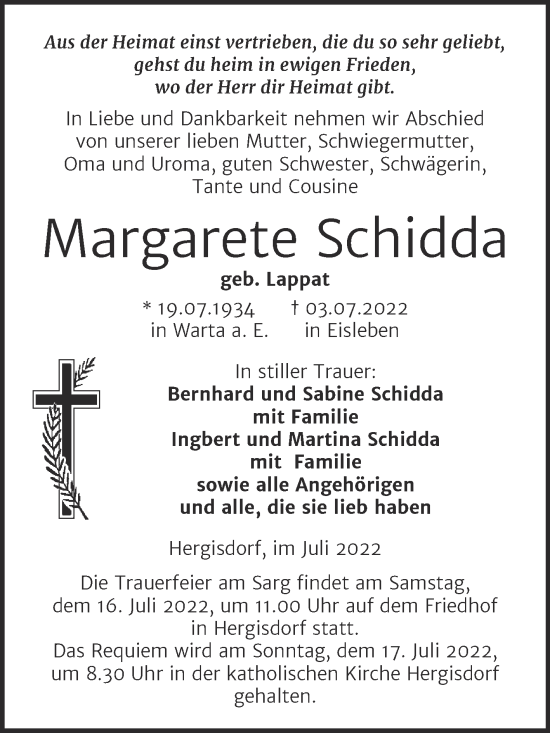 Traueranzeige von Margarete Schidda von Trauerkombi Mansfelder Land