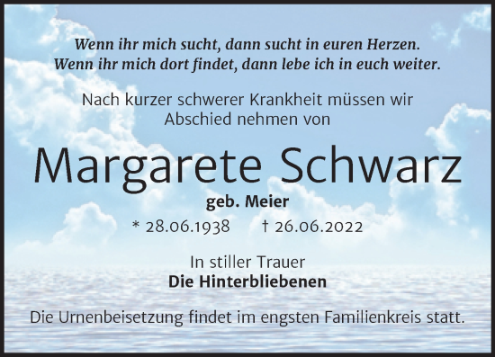 Traueranzeige von Margarete Schwarz von Trauerkombi Bernburg