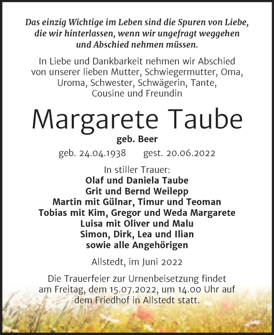 Traueranzeige von Margarete Taube von Trauerkombi Sangerhausen