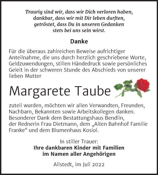 Traueranzeige von Margarete Taube von Trauerkombi Sangerhausen