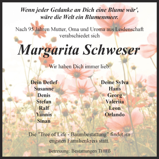 Traueranzeige von Margarita Schweser von Trauerkombi Quedlinburg