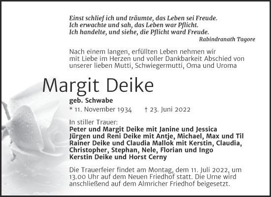Traueranzeige von Margit Deike von Wochenspiegel Naumburg/Nebra