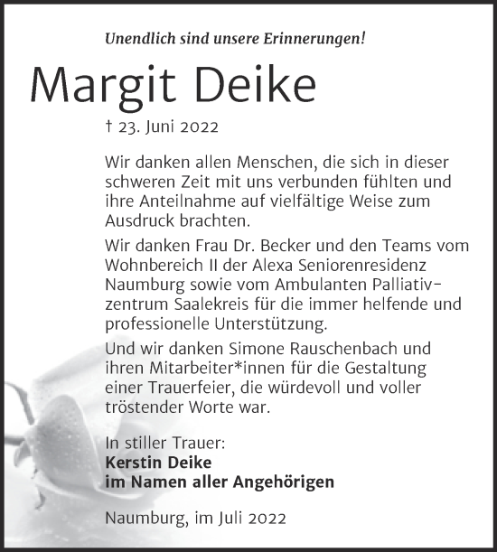 Traueranzeige von Margit Deike von Wochenspiegel Naumburg/Nebra