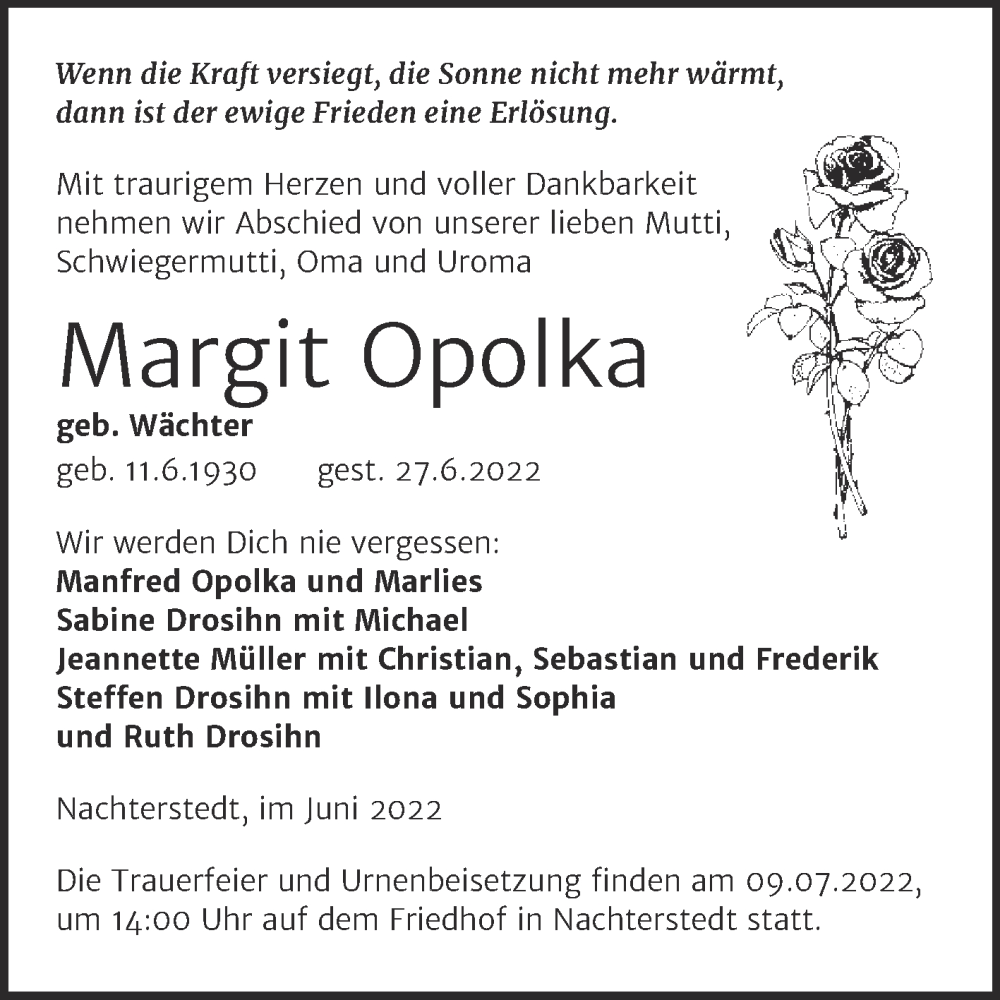  Traueranzeige für Margit Opolka vom 02.07.2022 aus Trauerkombi Aschersleben