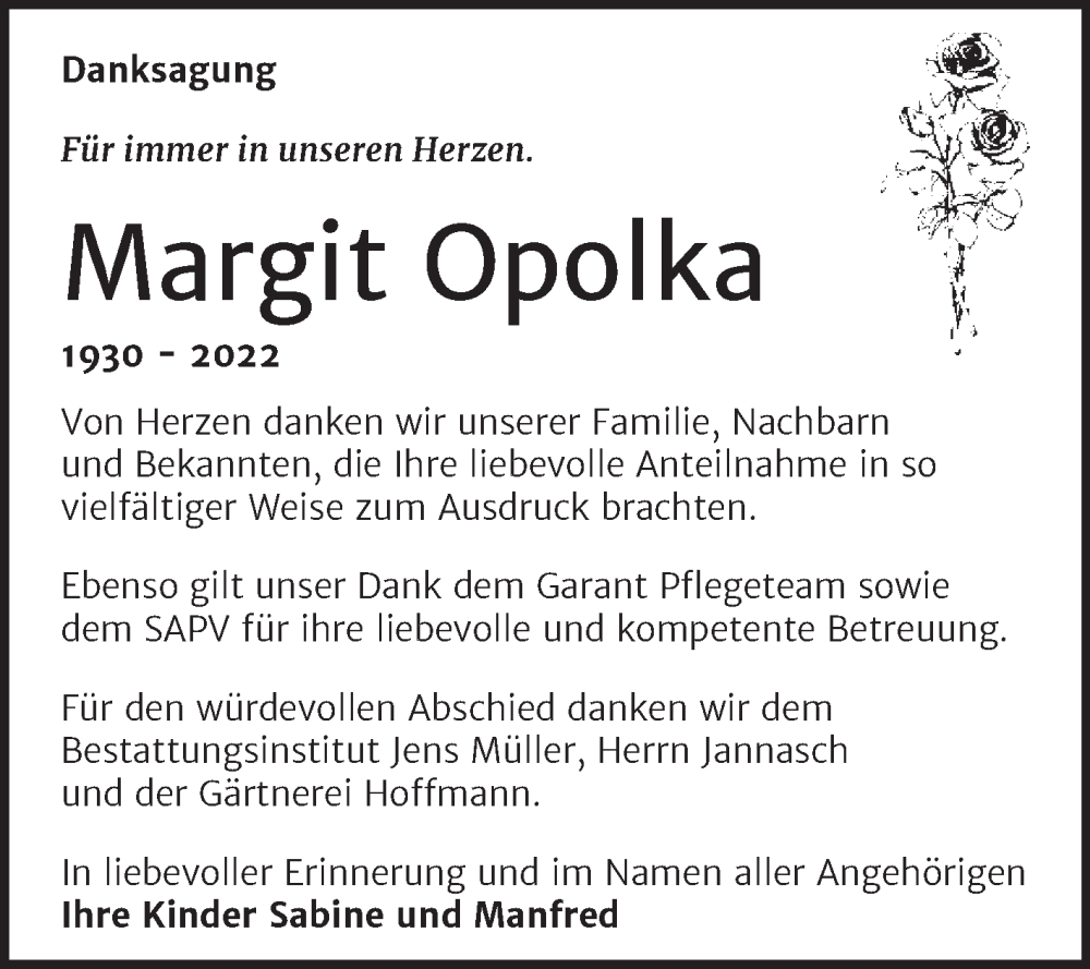  Traueranzeige für Margit Opolka vom 16.07.2022 aus Trauerkombi Aschersleben