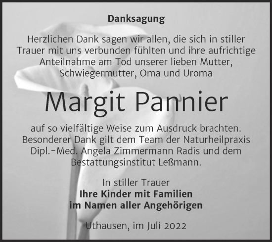 Traueranzeige von Margit Pannier von Trauerkombi Wittenberg