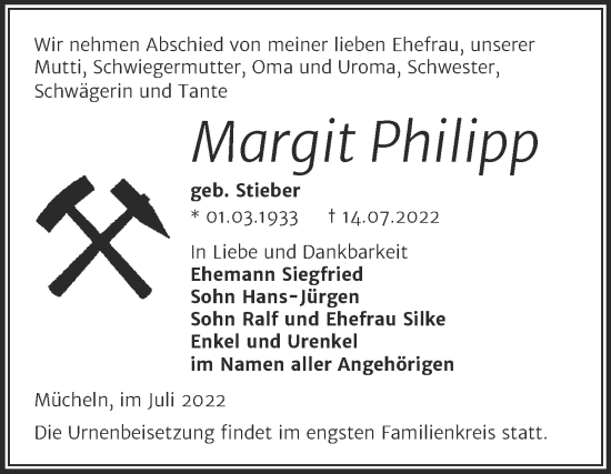 Traueranzeige von Margit Philipp von Trauerkombi Merseburg